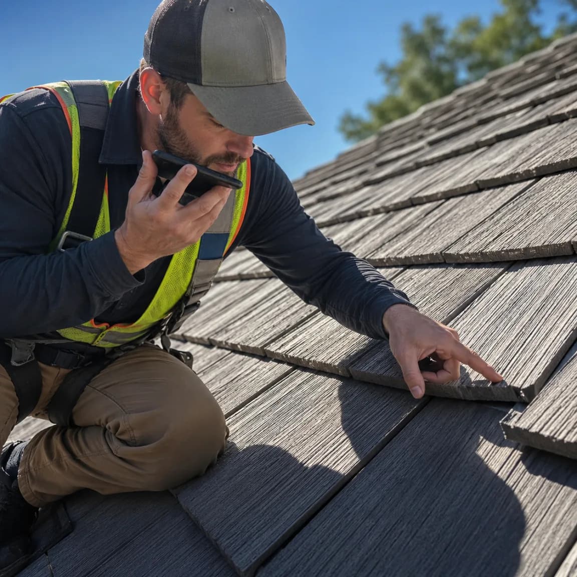Roofing technician on a shingle roof pointing at shingles while documenting with a smartphone