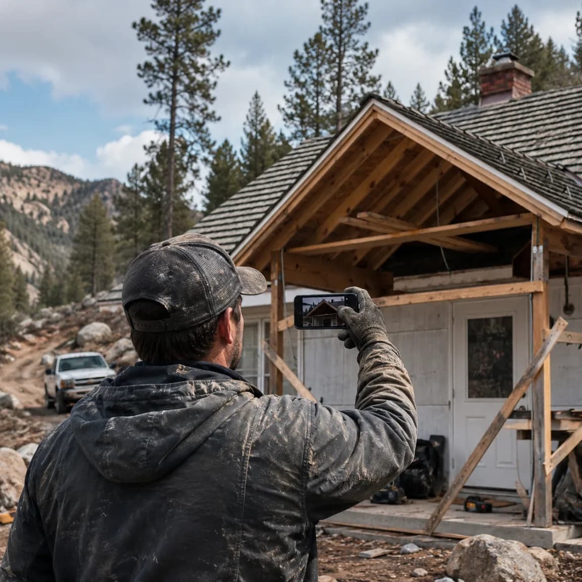 Field technician photographing a home under construction with a smartphone